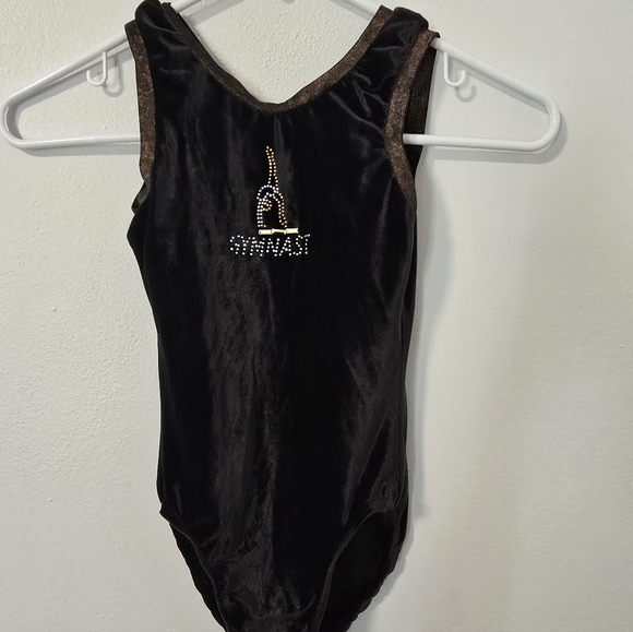 Source Unknown Other - Black Velvet Gymnastics Leotard "Gymnast" Rhinestones Size Child Medium